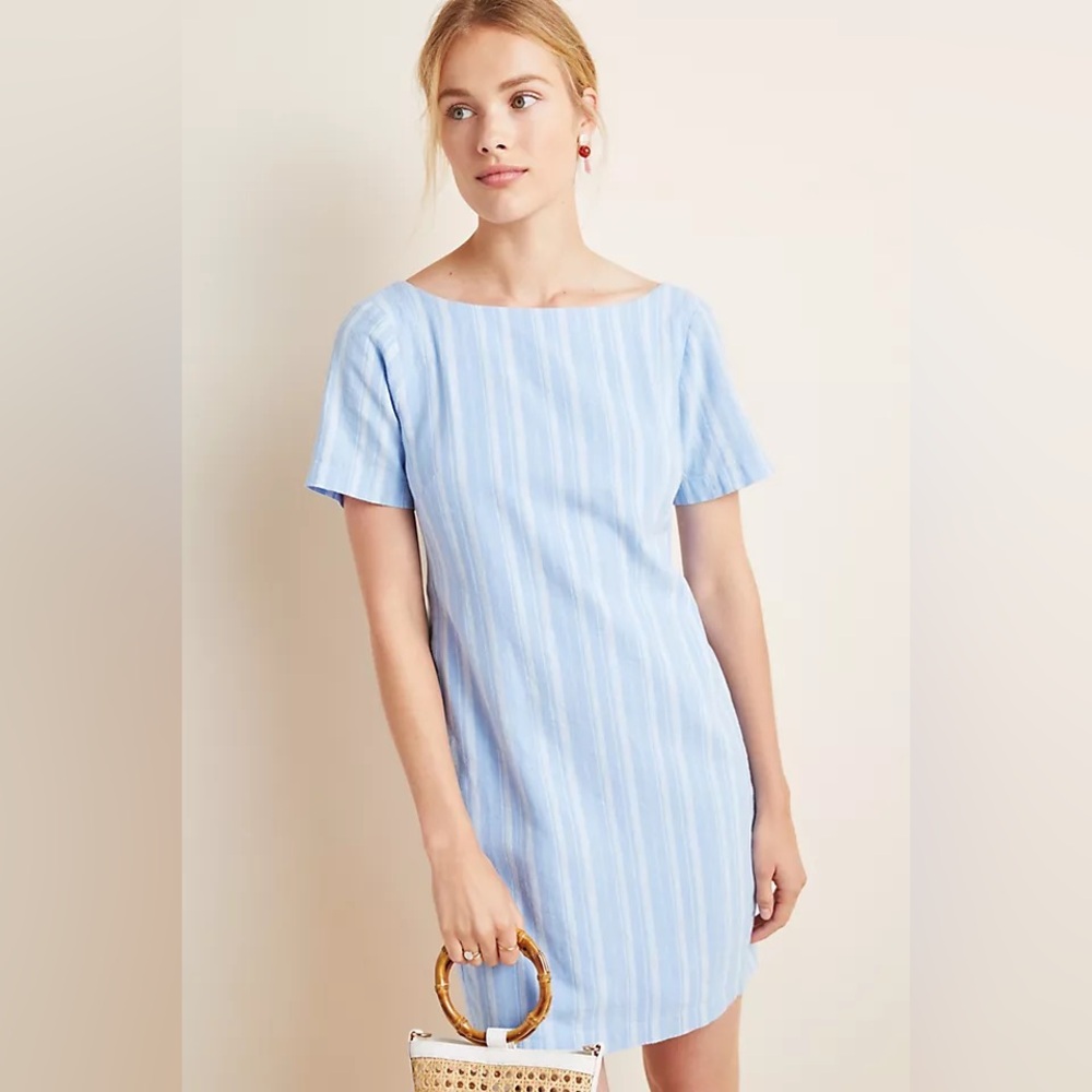 Anthropologie cape May blue  and White stripes Dress size 8 with bow on the back